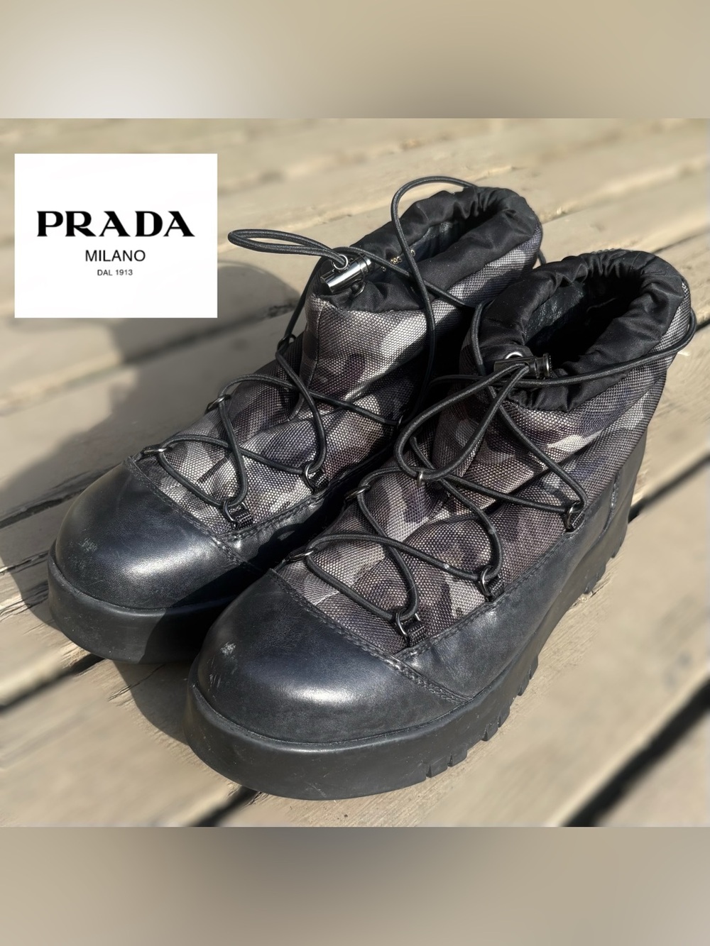 Vintage Prada Black and Gray Camo-Pattern Lace-Up Weatherproof Hiking Boots